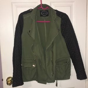 Olive Green & Black Faux Leather Quilted Jacket